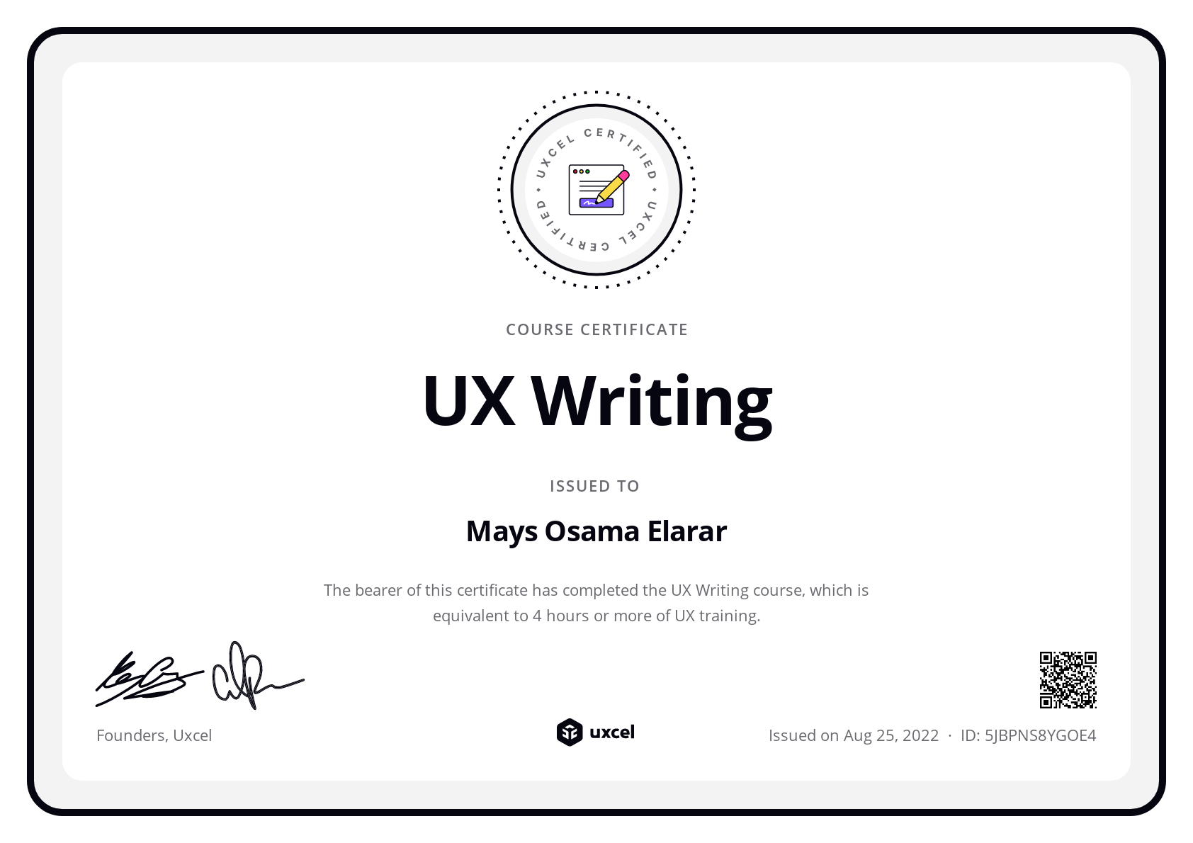 Mays Osama Elarar's certificate